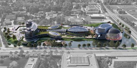 An architectural sketch of a futuristic building complex.